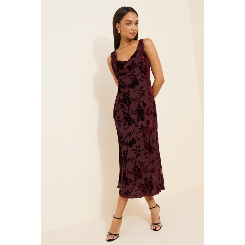 ASTR The Label Floris Dress Burgundy Burnout Velvet Floral Cowl Maxi Medium NWT